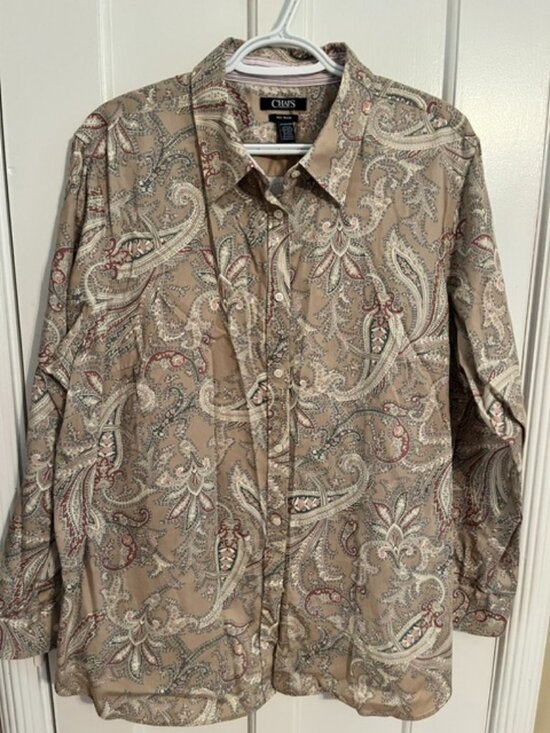 Chaps Tops - CHAPS TAN PAISLEY SHIRT, 2X, BUTTON FRONT, LS; EXCELLENT
